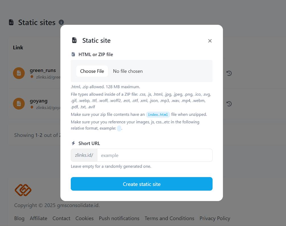 Screenshot of the app static sites hosting system