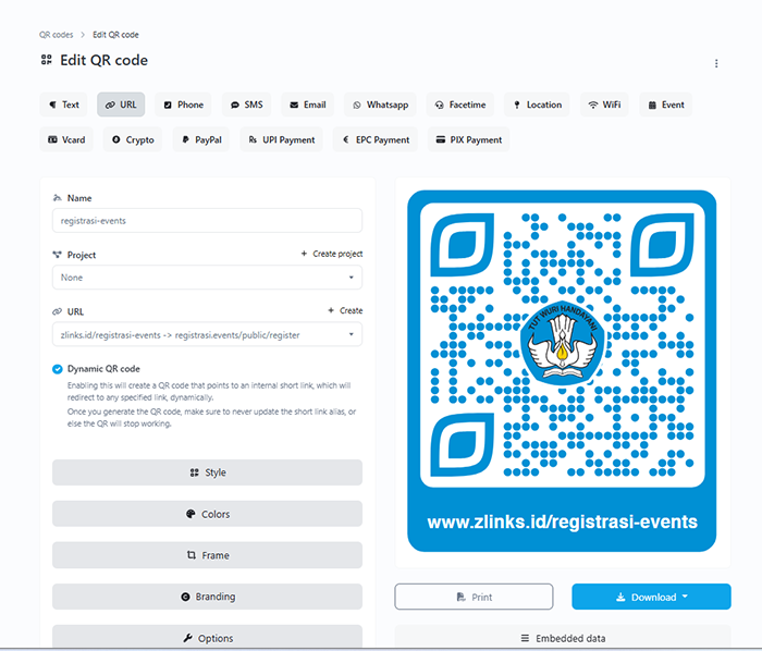 Screenshot of the app QR code system page